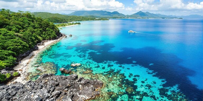 Scenic view of Komodo Island with a boat sailing.
