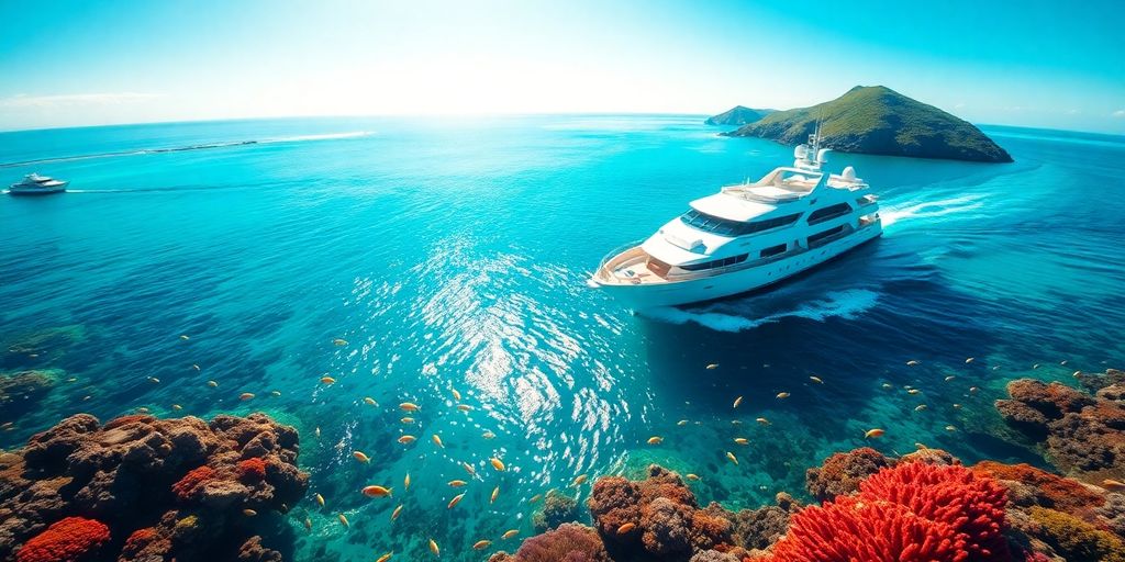 Yacht sailing in turquoise waters surrounded by coral reefs.