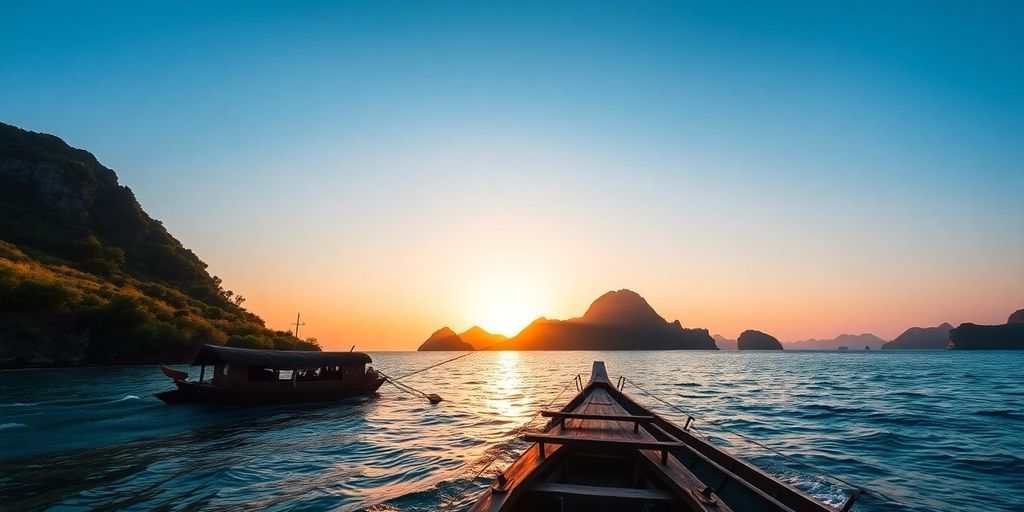 Traditional boat in Komodo waters at sunset.