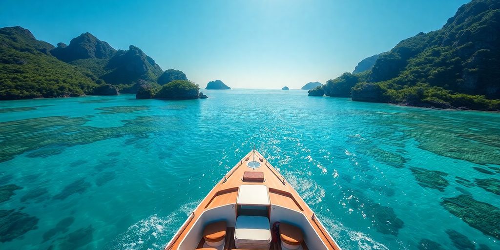 Private boat on turquoise waters near lush islands.