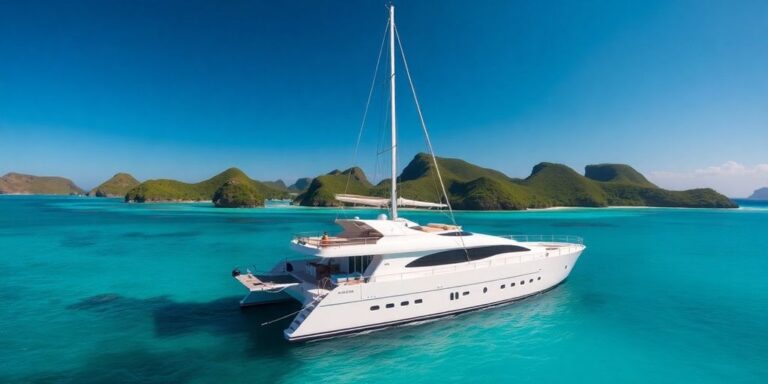 Luxury yacht in Komodo's crystal-clear waters and islands.