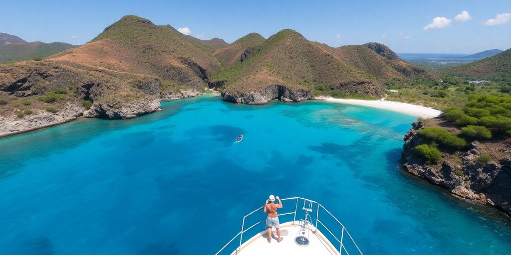 Scenic view of Komodo with a boat by the shore.