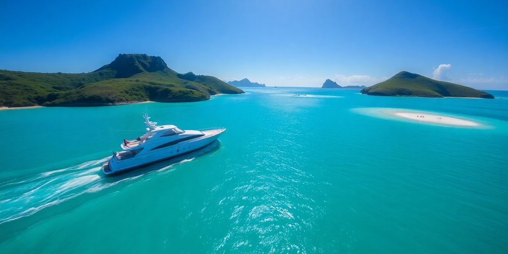 Luxury yacht sails Komodo, turquoise water, green islands