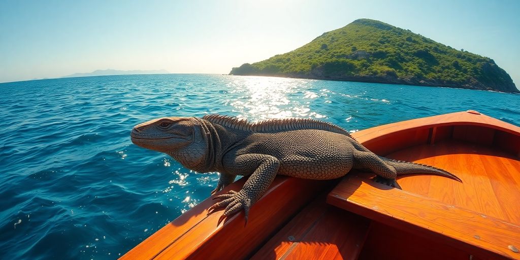 Komodo dragon on a boat near an island.