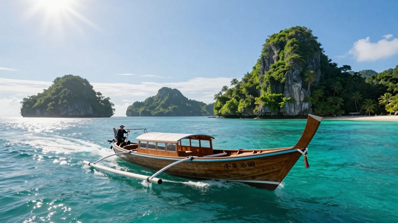 Boat sailing turquoise waters, Indonesian islands, adventure