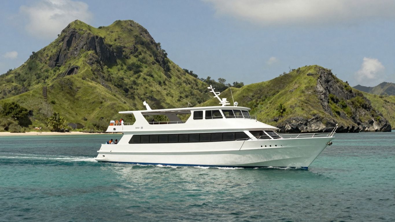Komodo charter boat sailing in turquoise waters near islands.