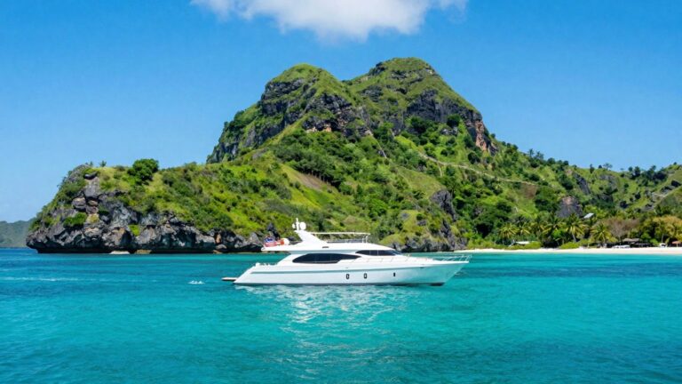 Luxury yacht sailing near Komodo Islands, Indonesia.