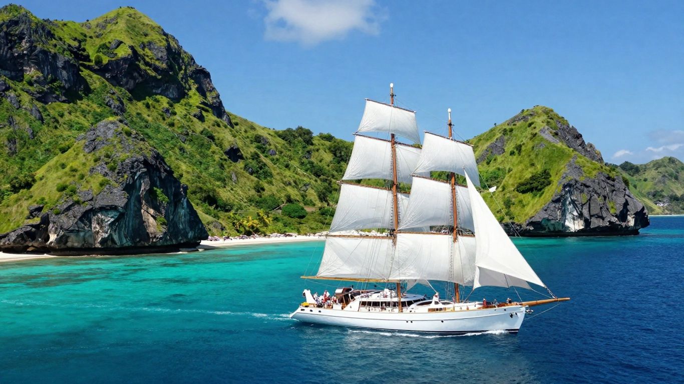 Sailing yacht near Komodo Islands cliffs