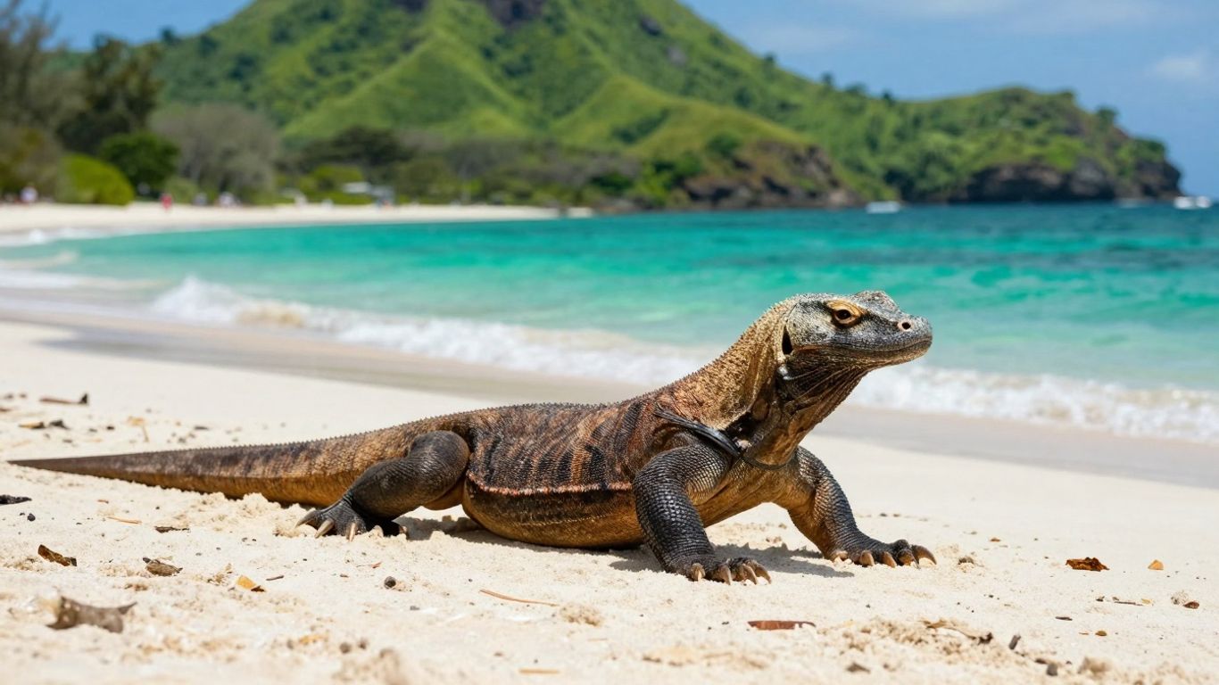 Komodo dragon on a beach with turquoise water.