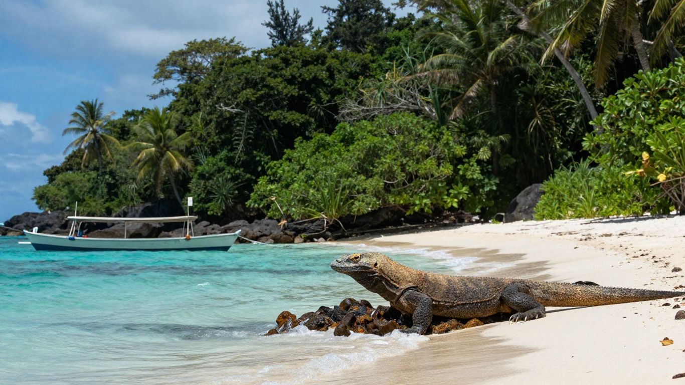Komodo dragon on island with boat and ocean