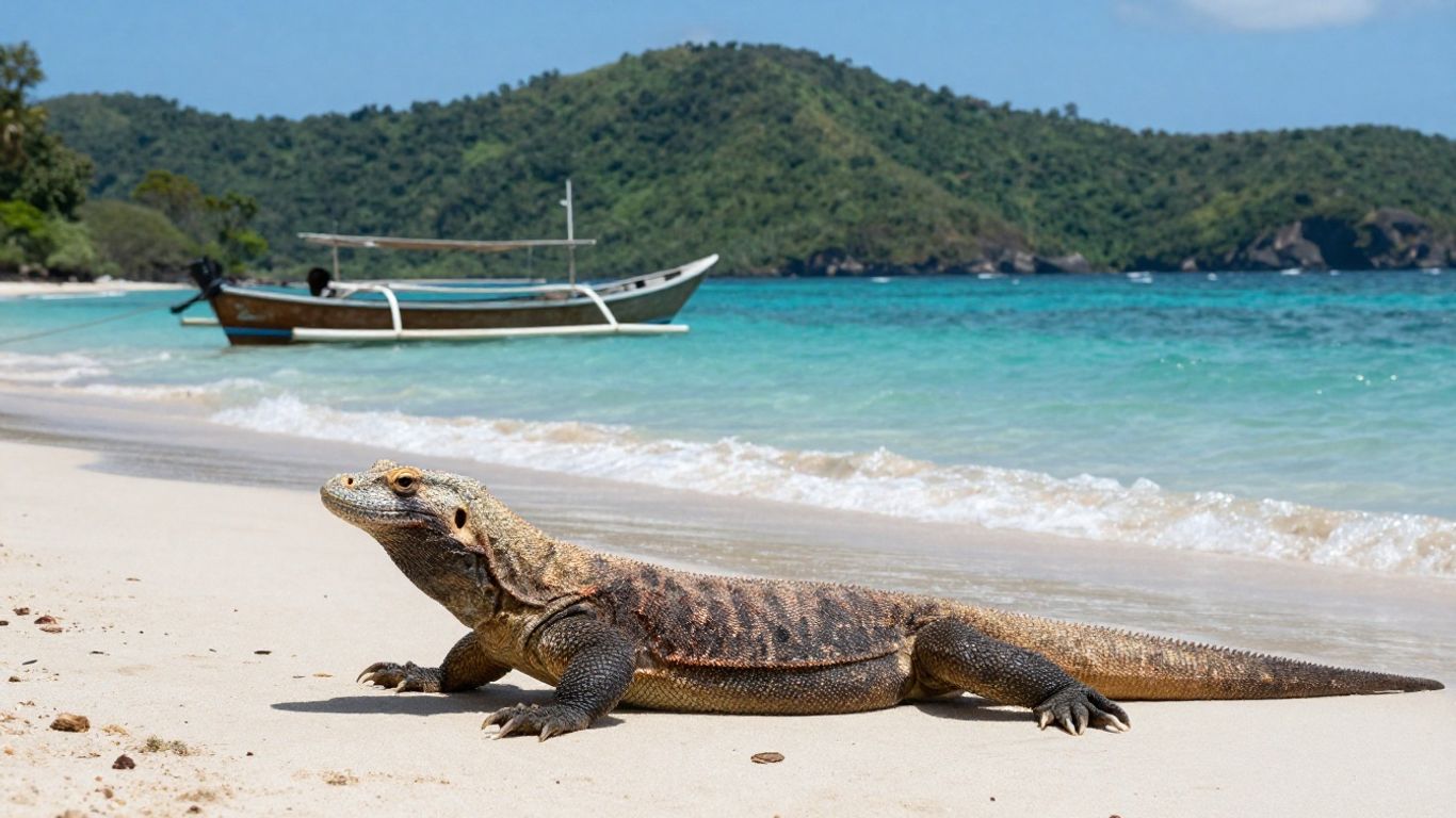 Komodo dragon on beach near turquoise water and boat.